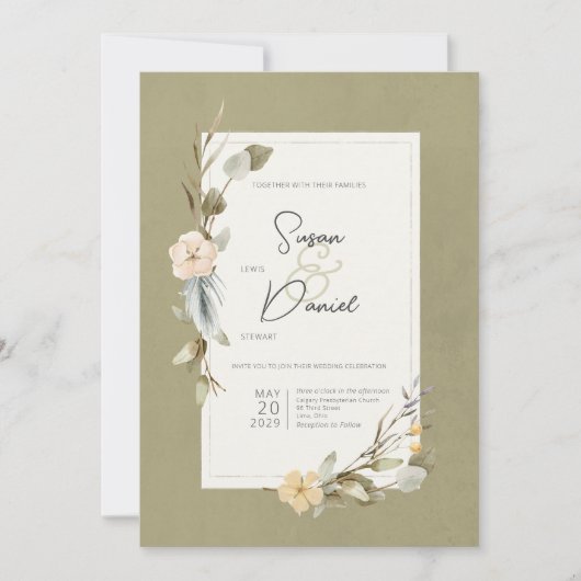 Gedroogde Boho Bloemen Lijst Sage Bruiloft Kaart (Voorkant)