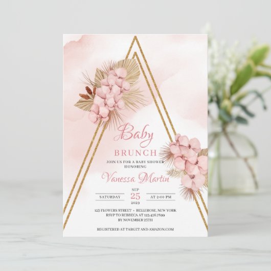 Gedroogde Palm Blush Orchid Gold Arch Baby Brunch Kaart (Staand voorkant)