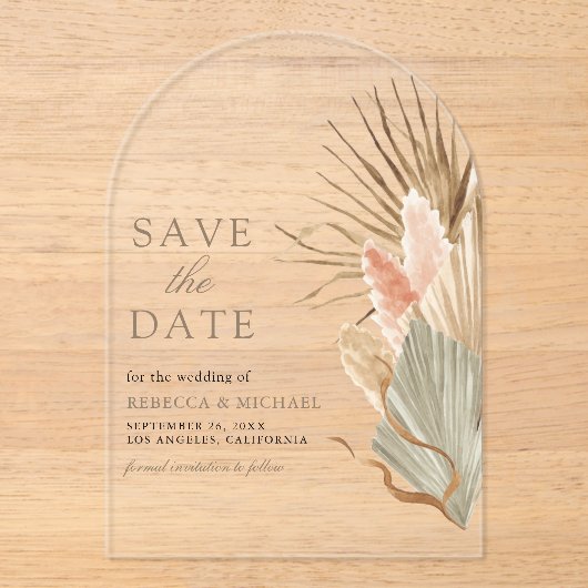Gedroogde Palm Pampas Taupe Wedding Save the Date Acryl Uitnodigingen (Voorkant)
