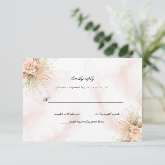 Gedroogde Palms Blush and Rust Wedding RSVP Kaart (Staand voorkant)