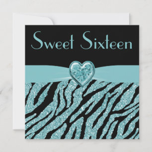 Gedrukt Blauwgroen hart & Zebra Glitter Sweet 16 Kaart