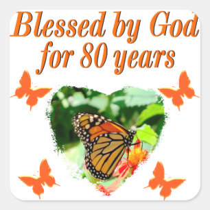 GEDRUKT DOOR GOD VOOR 80 JAAR BUTTERFLY FOTO VIERKANTE STICKER