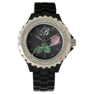 GEDRUKT ENAMEL ROSEBUD JEWEL EN DIAMONDS MONOGRAM HORLOGE