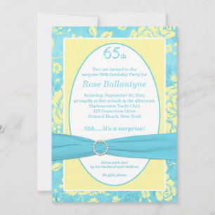 GEDRUKT RIBBON Blue Yellow 65th Birthday Invite Kaart