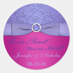 GEDRUKT RIBBON Fuchsia, Paarse Floral Snoep Buffet Ronde Sticker