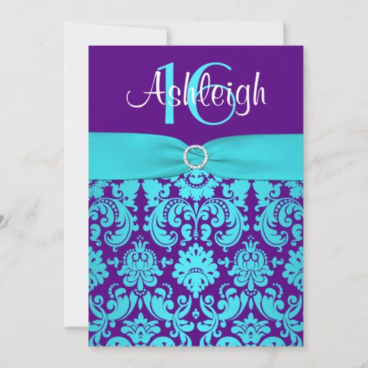 GEDRUKT RIBBON Paars, Aqua 16th Birthday Invite Kaart (Voorkant)