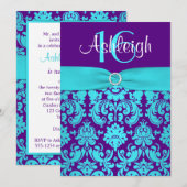 GEDRUKT RIBBON Paars, Aqua 16th Birthday Invite Kaart (Voorkant / Achterkant)