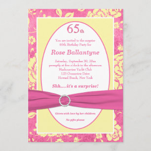 GEDRUKT RIBBON Pink Yellow 65th Birthday Invite Kaart