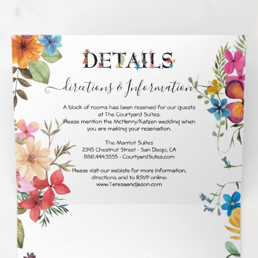 Gedrukte bloemen Weddenschap met drievierde uitzen Drieluik Uitnodiging (Binnenzijde eerst)