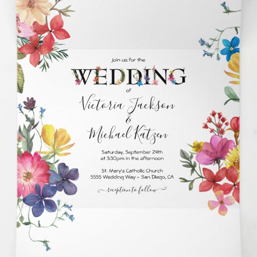 Gedrukte bloemen Weddenschap met drievierde uitzen Drieluik Uitnodiging (Binnenkant midden)