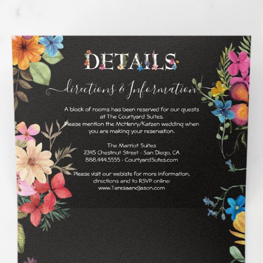 Gedrukte bloemen Weddenschap met drievierde uitzen Drieluik Uitnodiging (Binnenzijde eerst)