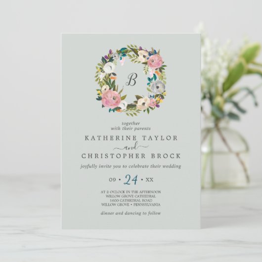 Gedrukte Floral Wreath Monogram Weddenschap Kaart (Staand voorkant)