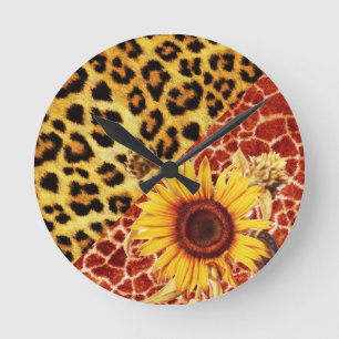 GEDRUKTE GIRAFFE, LEOPARD FUR EN SUNFLOWER RONDE KLOK