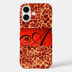 GEDRUKTE GIRAFFE RODE RUBY GEMSTONE MONOGRAM, iPhone 16 HOESJE