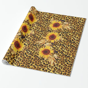 GEDRUKTE LEOPARD FUR RIBBON EN SUFLOWERS CADEAUPAPIER