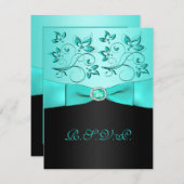 GEDRUKTE LINT Aqua, Zwarte Bloemen II RSVP Kaart (Voorkant / Achterkant)