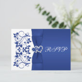 GEDRUKTE LINT Blauwe, Witte Bloemen Antwoordkaart RSVP Kaartje (Staand voorkant)