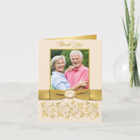 GEDRUKTE LINT Ivoor Gouden Bloemen Bedankkaart (Voorkant)
