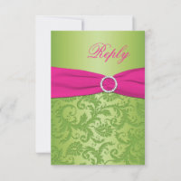 GEDRUKTE LINT Roze, Groene Damast Antwoordkaart