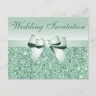 Gedrukte Mint Green Sequins, Bow & Diamond Wedding Kaart