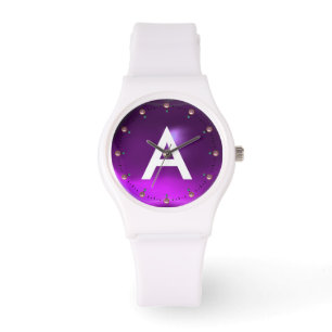 GEDRUKTE PAARSE AMETHIST EDELSTEEN MONOGRAM HORLOGE