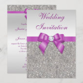 Gedrukte zilversequins Radiant Orchid Bow Wedding Kaart (Voorkant / Achterkant)
