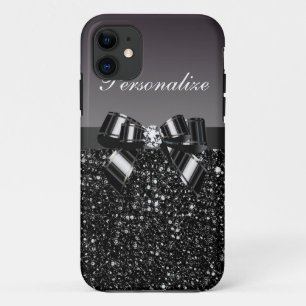 Gedrukte zwarte en witte pailletten, strik en diam iPhone 11 hoesje