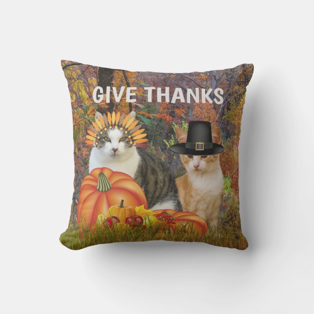 Geef Bedankt Thanksgiving Pilgrim Cats Buitenkussen (Voorkant)