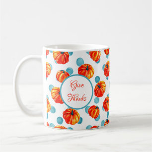 Geef Dank Waterverf Oranje Pompoenen Blauwe Stippe Koffiemok