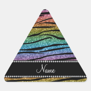 Geef de naam regenbooglitter zebra strepen aan driehoek sticker