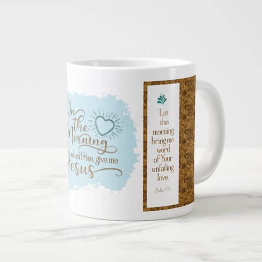 "Geef me Jezus" Jumbo Mok (Blauwgroen/goud) (Voorkant rechts)