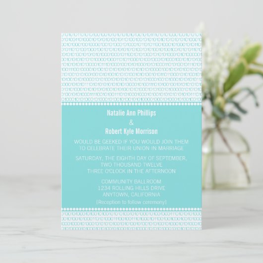 Geek Chic Binary Code Faire-part de mariage, Aqua (Debout devant)