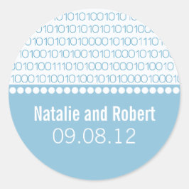Geek Chic Binary Code Wedding Stickers, Blue Ronde Sticker