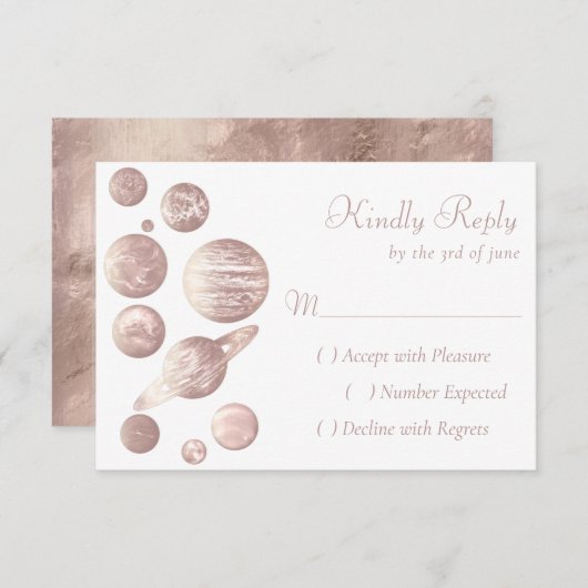 Geek Chic | Minimal Copper Rose Gold Planeten RSVP Kaartje (Voorkant / Achterkant)