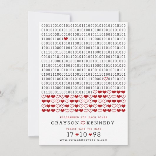 Geek geprogrammeerd voor liefde eenvoudige binaire save the date (Voorkant)