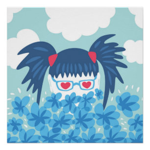 Geek Girl met blauw haar en bloemen Perfect Poster