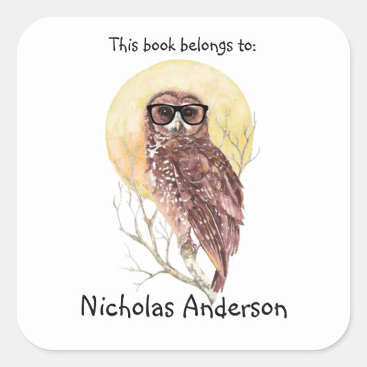 Geek Hipster Uil in Bril Koele Bookplate Vierkante Sticker (Voorkant)
