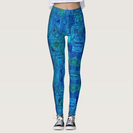 Geek, nerdy circuit computer board patroon, blauw leggings (Voorkant)
