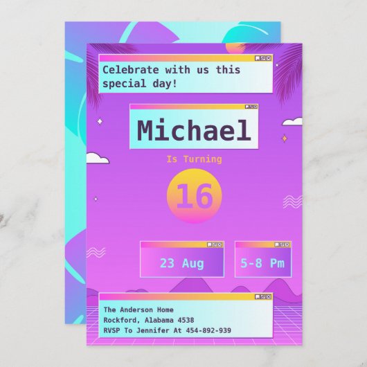 Geek Vaporwave 80s en 90s verjaardagsuitnodiging Kaart (Voorkant / Achterkant)