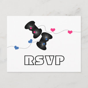 Geeky Gamers RSVP Briefkaart Donker (blauw/roze)