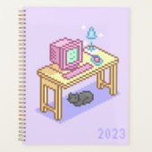 Geeky Pastel Pink Yellow Pixel Art Computer Planner (Voorkant)