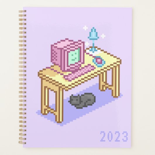 Geeky Pastel Pink Yellow Pixel Art Computer Planner (Voorkant)