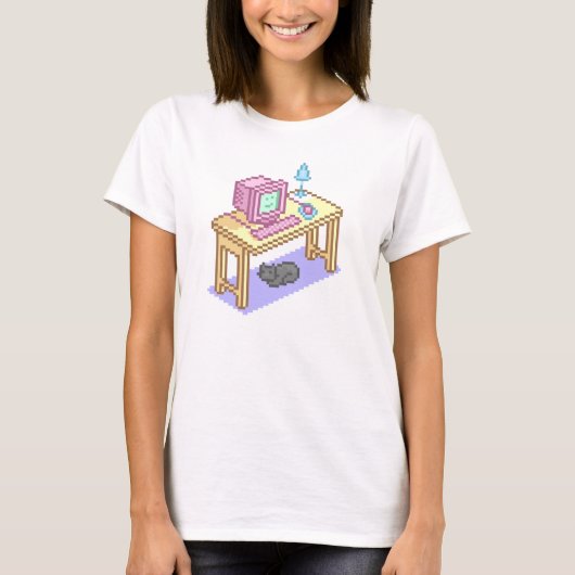 Geeky Pastel Pink Yellow Pixel Art Computer T-shirt (Voorkant)