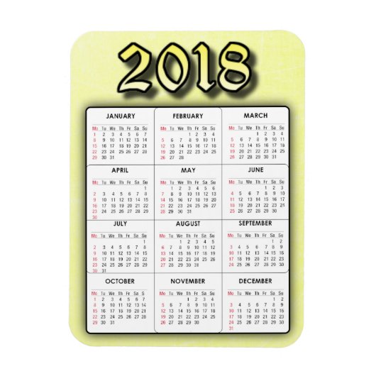 Geel 2018 Kalender Magneet (Verticaal)