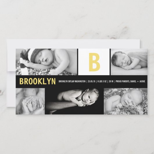 Geel Baby Monogram 5 Foto Collage Moderne Geboorte Aankondiging (Voorkant)