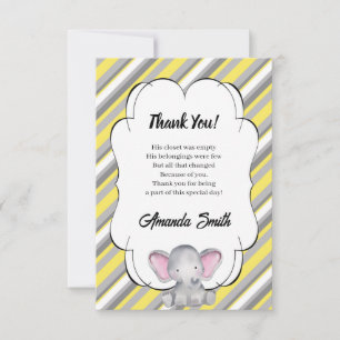 Geel Baby shower met gestreept olifant Bedankkaart