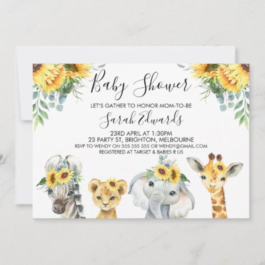 Geel Baby shower van Safari-dieren Kaart (Voorkant)
