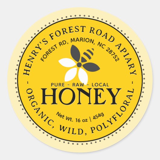 Geel Biologisch Honing Label Bee en Flower Logo (Voorkant)
