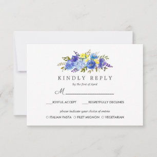 Geel Blauw Bloemen Bruiloft RSVP MAALTIJD optie Kaartje