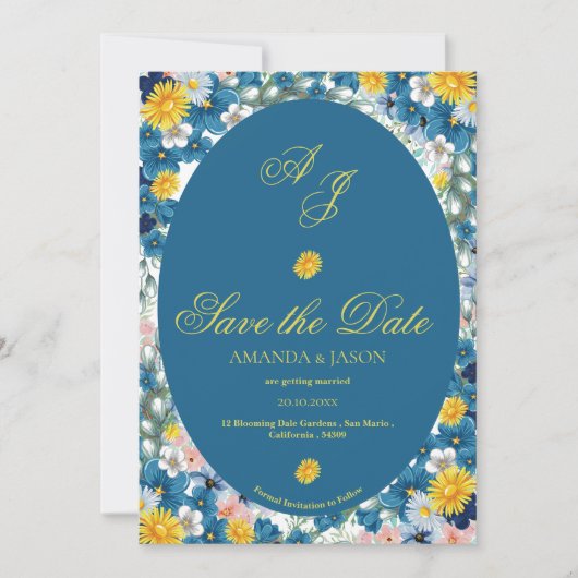 Geel Blauw Bloemen Monogram Huwelijk Save the Date (Voorkant)
